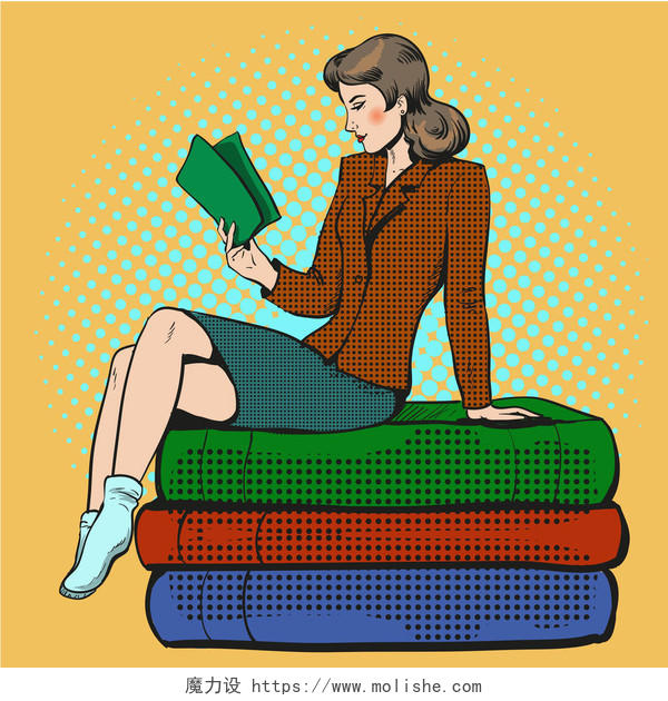 矢量图的年轻女子坐在书堆上复古波普艺术喜剧风格看书